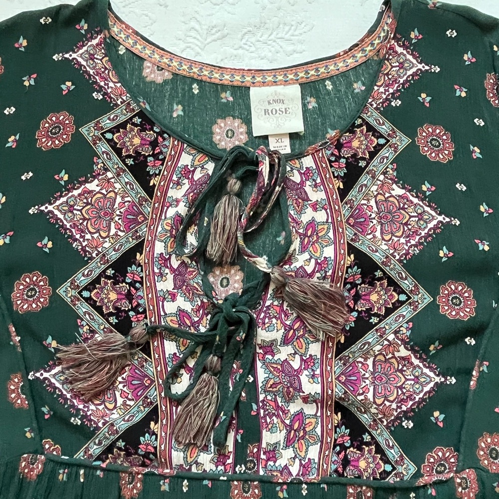 Knox Rose XL Boho Peasant Prairie Green Floral MIDI Dress Rayon - Picture 6 of 11